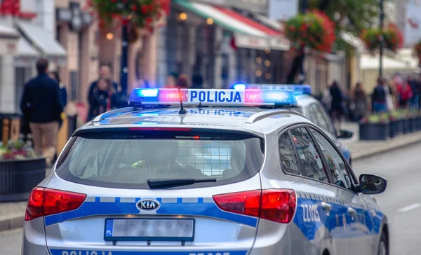 Coche Policía Patrulla Con Luces Advertencia Neón Rojas Azules Intermitentes —  Fotos de Stock