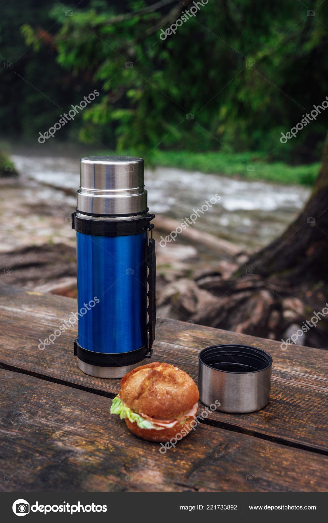 View Blue Thermos Wooden Table Trekking Trail Break Hot Drink