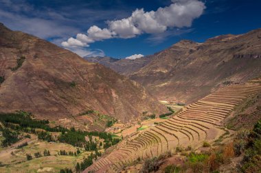 Peru Cusco şehir yakınlarındaki Kutsal Vadisi'nde Pisac İnka arkeolojik alanda Teraslı alanlar. Dik yamaçta tarım terasları. Güzel manzara ve turistik yer.