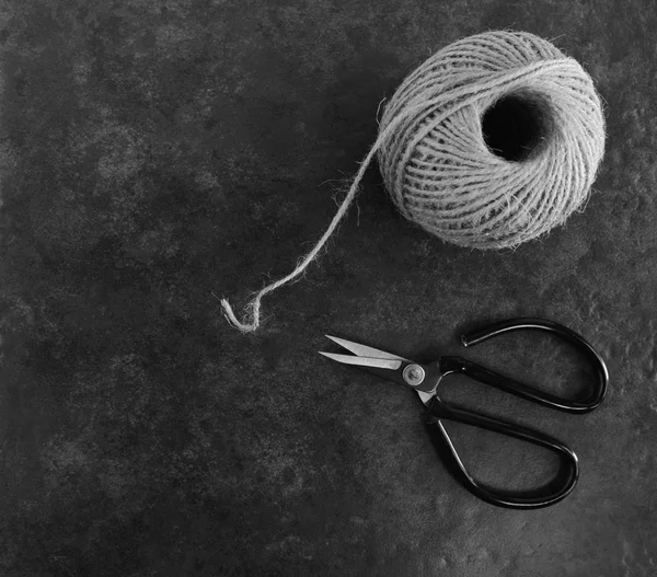 Ball Twine Traditional Flower Scissors Dark Grey Background Copy Space — Stock Photo, Image