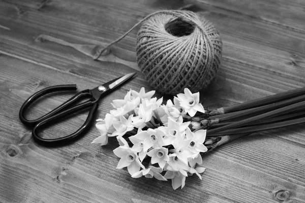 Ciseaux Fleuristes Ancienne Avec Bouquet Narcissi Blanc Une Boule Ficelle — Photo