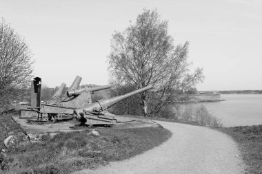 Rus döneminden dört paslı top Suomenlinna deniz kalesinden gelen suyu işaret ediyor - monokrom işleme