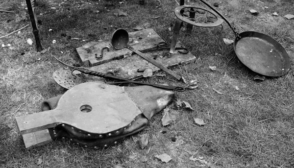 Bellows Ladle Poker Frying Pan Authentic Campfire Details Medieval Fair — Stock Photo, Image