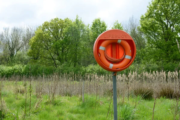 Cintura di vita arancione brillante su un palo vicino a uno stagno profondo pieno di b — Foto Stock