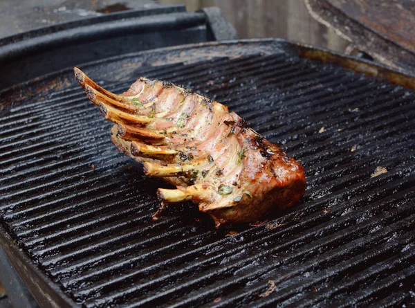 Grilled single rack of lamb on an outside grill — Stock Photo, Image