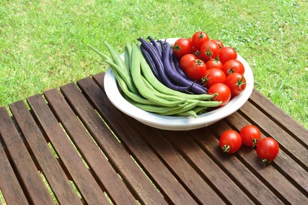 Calypso beans and French beans in a dish with tomatoes — Stock Photo, Image