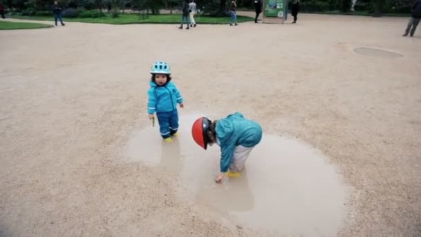 在法国巴黎的植物园 孩子们在自然历史博物馆和地质馆前的小水池里玩耍 — 图库视频影像