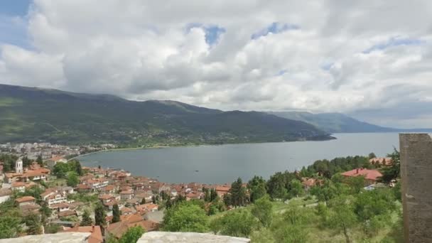 Macedonia Ohrid Vista Panorámica Desde Fortaleza Samuil Hasta Lago Ciudad — Vídeos de Stock