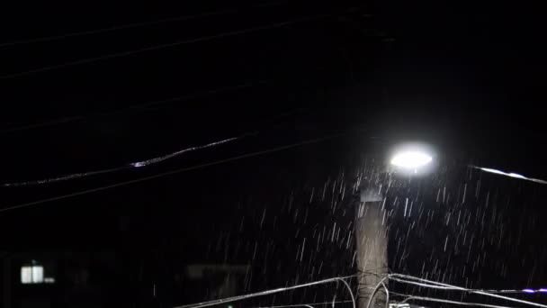 雨嵐の間に夜間光を投稿します — ストック動画