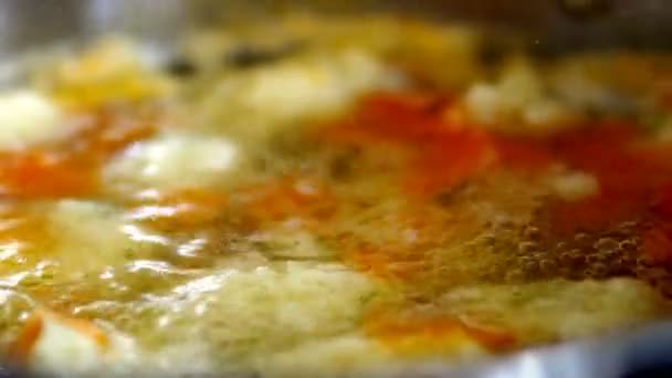 Close Saucepan Chicken Noodle Soup Boiling — Stock Video