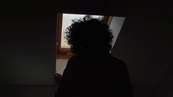 Silhouette Einer Frau Öffnet Dachfenster — Stockvideo