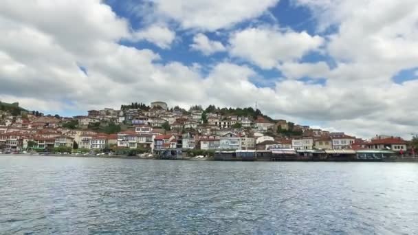 Havet Udsigt Ohrid Fra Søen Berømte Unesco Historiske Centrum Adskiller – Stock-video