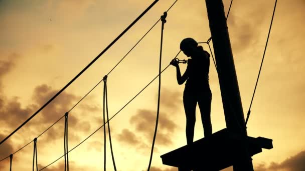 Silhueta Menina Desfrutando Atividade Parque Aventura Escalada — Vídeo de Stock