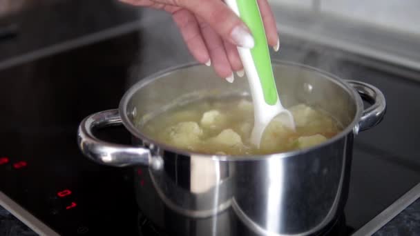 煮菜锅中女性手检查面条汤的慢动作 — 图库视频影像