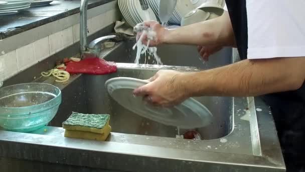 Wash Out Plate Water Person Cleaning Dirty Dishes Kitchen Close — Stock Video