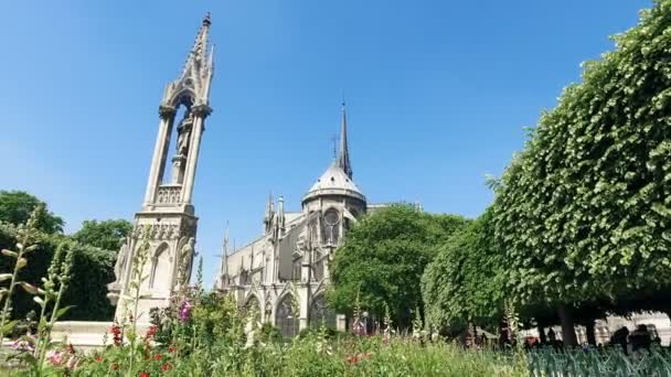 フランス 2017 春の前景に処女の噴水と大聖堂ノートルダム パリの東部正面観 — ストック動画