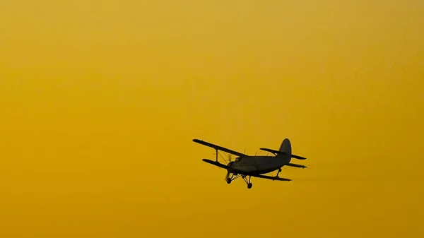 Crop Duster Applying Chemicals Field Vegetation Sunset Background — Stock Photo, Image