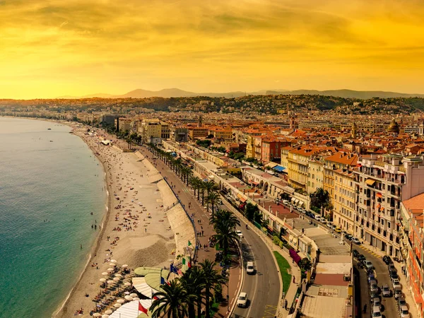 Panoramic Aerial View Public Beach Nice Sunset France — Stock Photo, Image