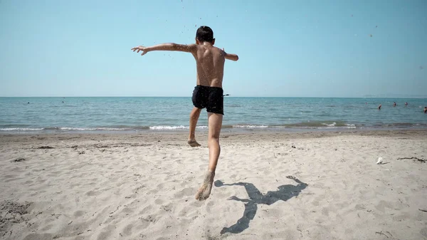 Happy Boy Getting Int Sea Water Front Cinematic Steadicam View — Stock Photo, Image