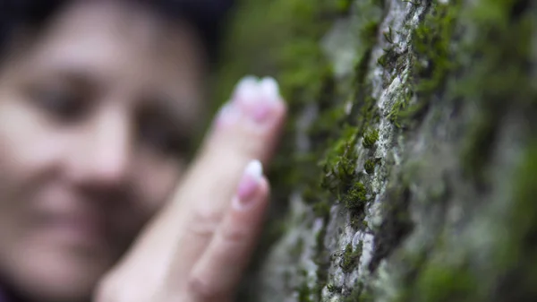 Mujer Poniendo Brazo Piedra Grande Con Musgo Bosque —  Fotos de Stock