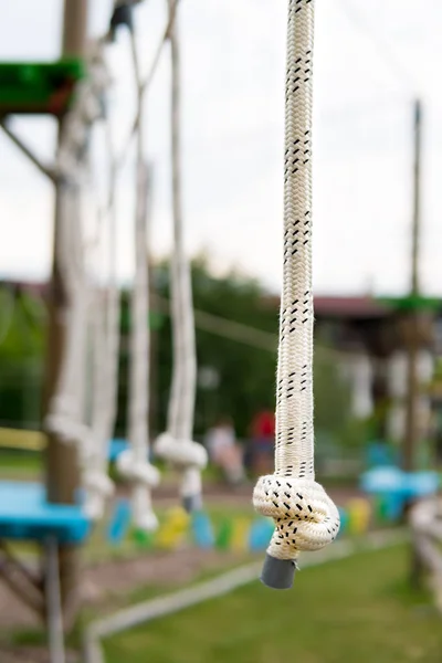 Kötél Kaland Park Egy Nyári Erdő Festői Kék Táj — Stock Fotó