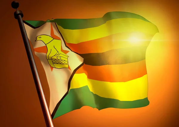 Agitant Drapeau Zimbabwe Sur Fond Coucher Soleil — Photo