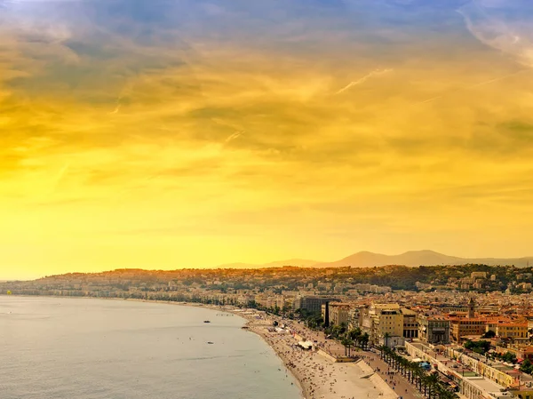 Nice Halk Plajı Gün Batımı Arka Plan Üzerinde Hava Panoramik — Stok fotoğraf