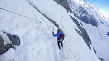 MONT BLANC, FRANCE - circa JUN, 2016: Climbing Mont Blanc, dangerous Couloir passage