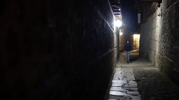 Samotna Kobieta Spacer Stary Kamienny Bruk Aleja Nocy Ulicy Tyłu — Zdjęcie stockowe
