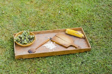 Mısır, pirinç, fındık, fasulye etnik halıya geleneksel ahşap etno tablo