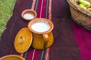 Geleneksel halı üzerinde Ethno seramik kase ve sower süt