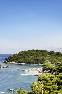 Sandy Beach Corfu Island resort Yunanistan ile güzel Bay havadan görünümü