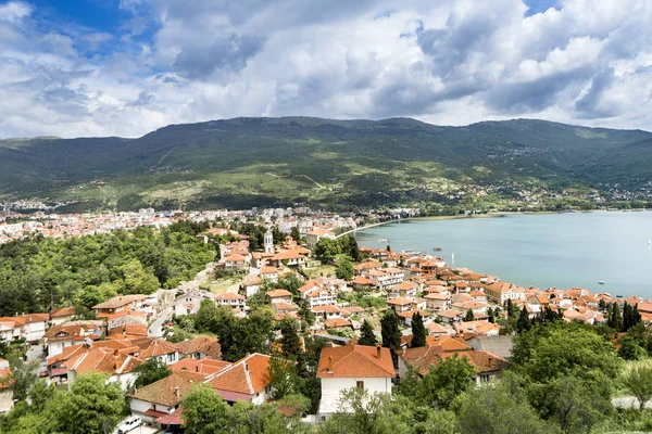 Město Ochrid Ohridské Jezero Krásné Letní Den Makedonie Letecký Pohled — Stock fotografie