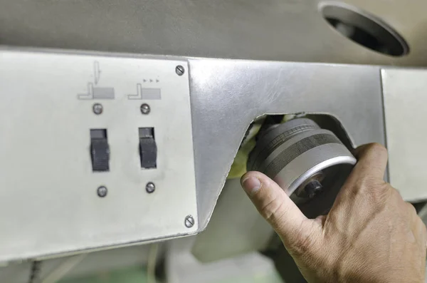 Industrial Area Mechanic Hand Adjusts Machine — Stock Photo, Image