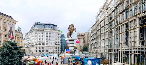 Skopje Makedonya Kasım 2016 Panorama Üsküp Heykel Alexander Great Ile — Stok fotoğraf