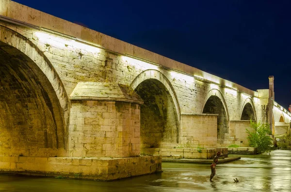 Berühmte Steinbrücke Bei Nacht Skopje Mazedonien — Stockfoto