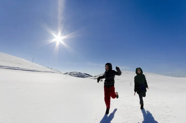 Happy Laughing Girls Wearing Jacket Scarf Playing Running Beautiful Snowy — Stock Photo, Image