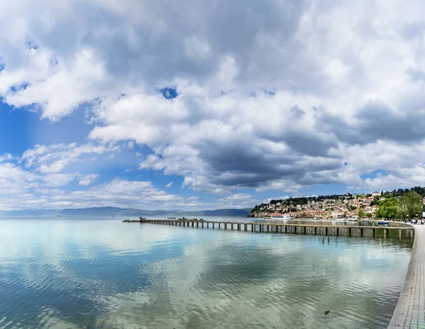 Panoramatický Pohled Ohridské Jezero Přístavu Staré Město Copyspace — Stock fotografie