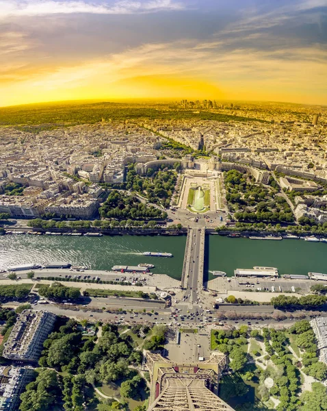 View from the top of the Eiffel Tower in Paris, France, at sunset.