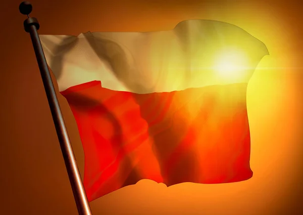Macha Flagą Polsce Tle Zachodu Słońca — Zdjęcie stockowe