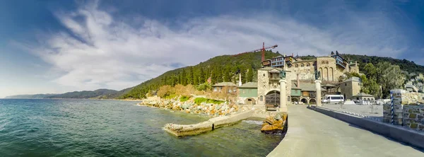 Panorama Van Het Heilige Kloosterlandschap Athos Berg Rechtenvrije Stockafbeeldingen