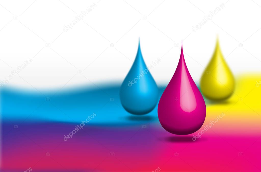 Print production, Abstract background of Cyan, Magenta and Yellow color drops