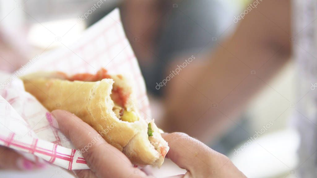 Woman holding Doner Kebab Sandwich, unhealthy fast food