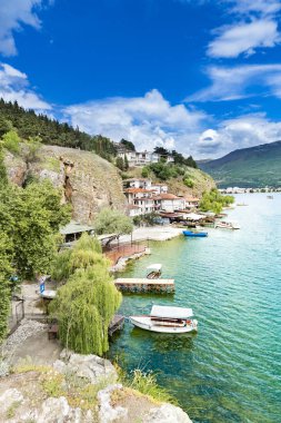 Kaneo plaj ve Ohri şehirde gölün, Makedonya Cumhuriyeti eski yer