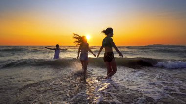 Mutlu kız eğlence günbatımı arka plan üzerinde sahilde dalgalar deniz sahip Grup