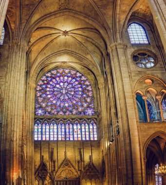 Paris, Fransa - Mayıs, 2017 yaklaşık: iç in Katedrali, Notre Dame de Paris Roisette lekeli cam pencere ve uzun boylu sütun ile.