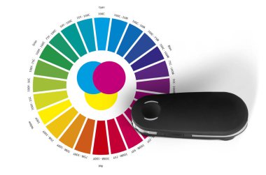 Print color wheel and spectrometer controll instrument reading RGB, CMYK, LAB values clipart