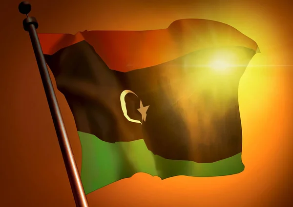 Agitant Drapeau Libyen Sur Fond Coucher Soleil — Photo