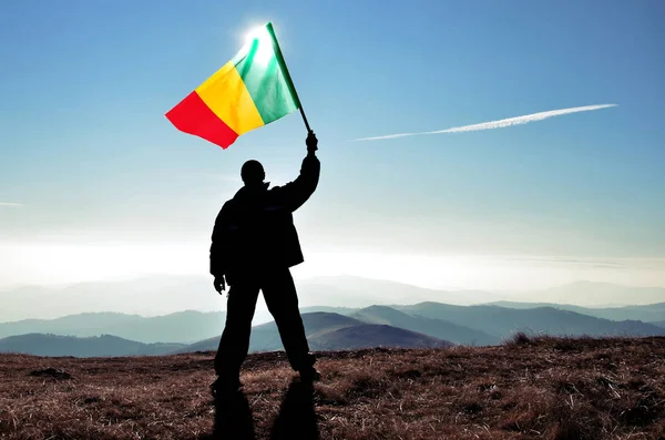 Silhouette Homme Agitant Drapeau Guinée Sommet Sommet Montagne — Photo