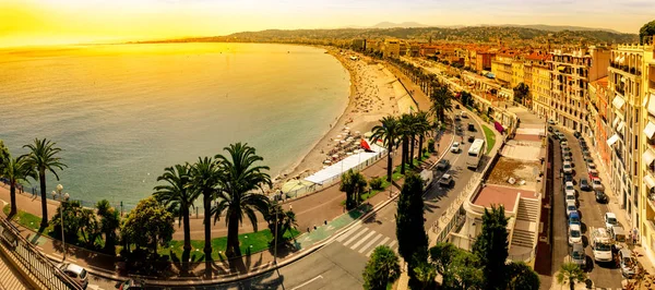 Nice Halk Plajı Günbatımı Fransa Sırasında Hava Panoramik — Stok fotoğraf